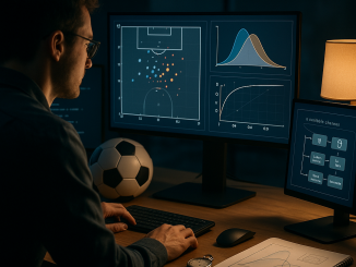 Over-the-shoulder realistic photo of a sports data analyst studying xG shot maps and model