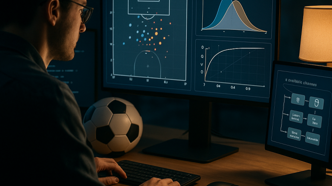 Over-the-shoulder realistic photo of a sports data analyst studying xG shot maps and model