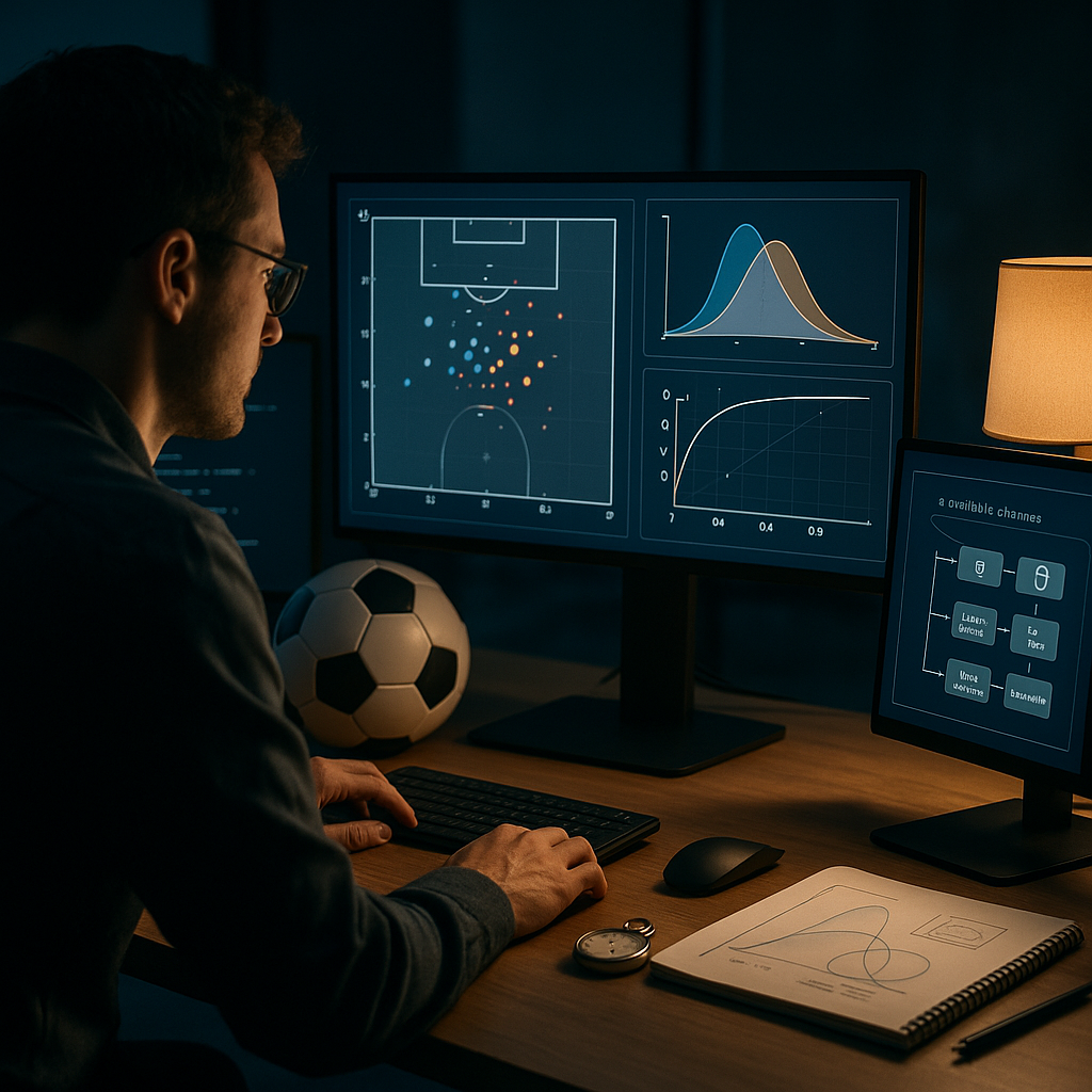 Over-the-shoulder realistic photo of a sports data analyst studying xG shot maps and model