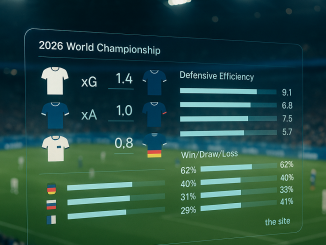 Nighttime stadium photo with a clean transparent HUD overlay showing xG, xA, defensive efficiency,