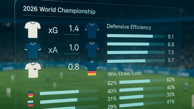Nighttime stadium photo with a clean transparent HUD overlay showing xG, xA, defensive efficiency,