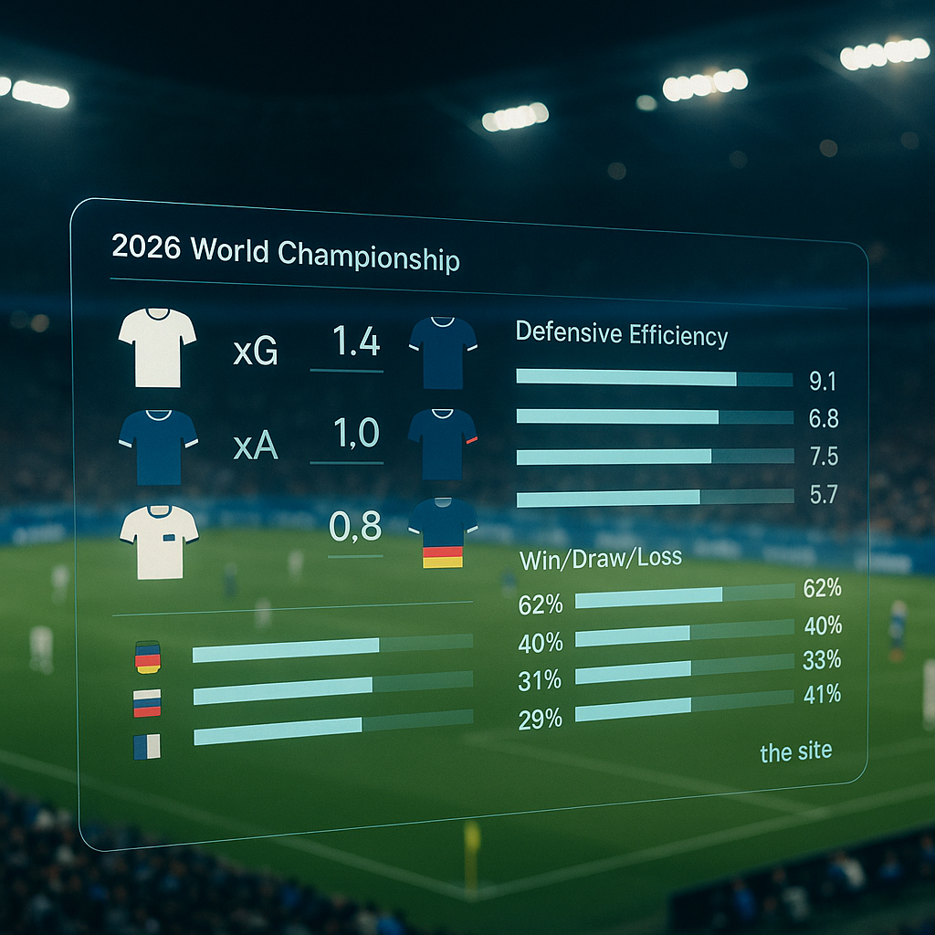 Nighttime stadium photo with a clean transparent HUD overlay showing xG, xA, defensive efficiency,