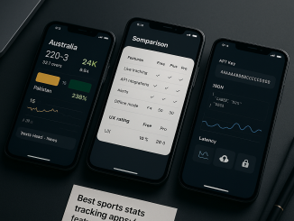 Studio photo of three smartphones comparing sports stats apps on a dark desk, featuring