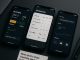Studio photo of three smartphones comparing sports stats apps on a dark desk, featuring