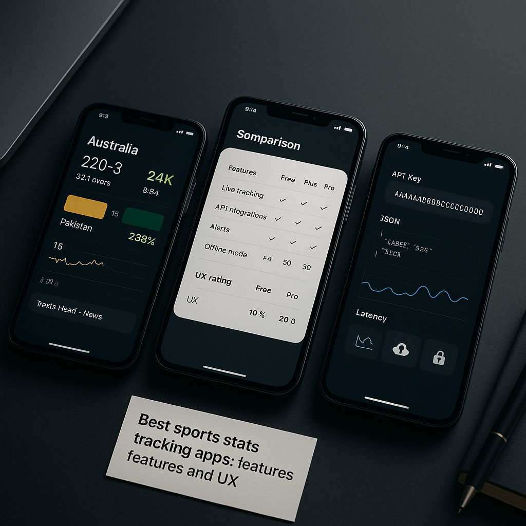 Studio photo of three smartphones comparing sports stats apps on a dark desk, featuring